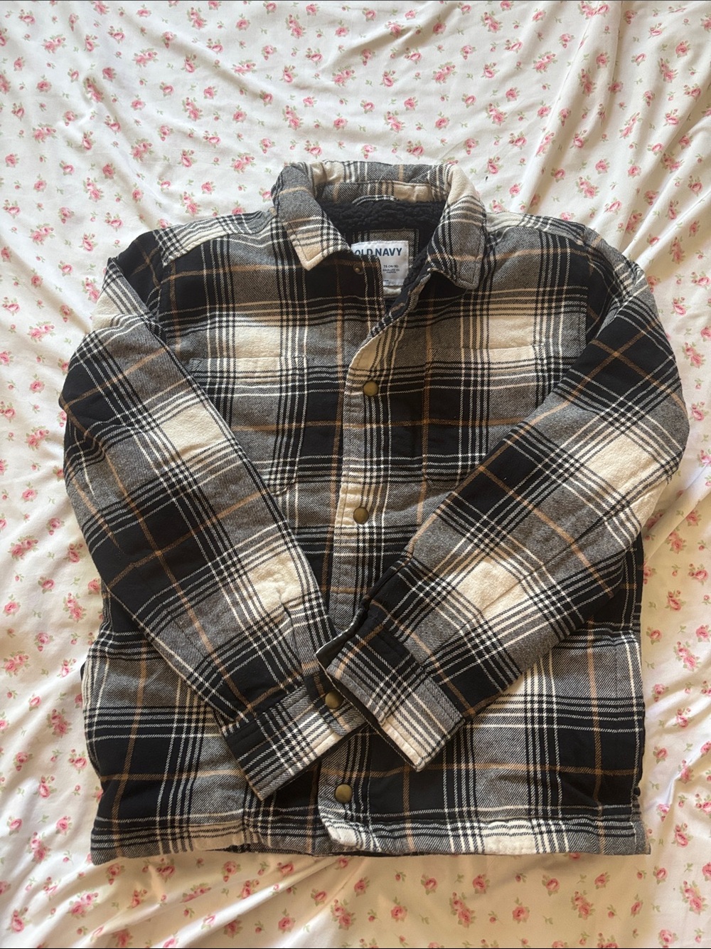 Old Navy Black, Brown & Cream Plaid Button-Front Shacket